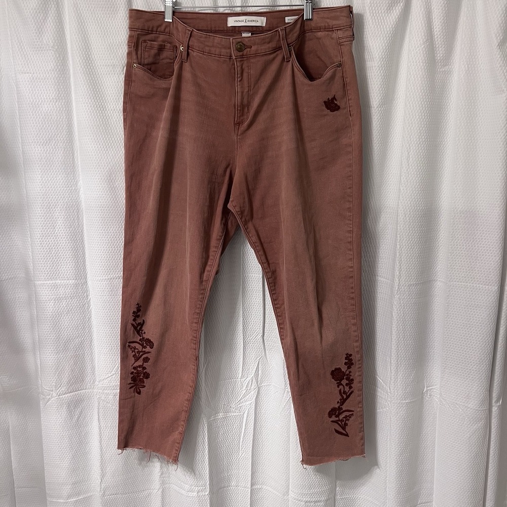 Vintage America Pink Rust Wonderland Skinny Ankle Jeans Denim 16/33 Embroidered